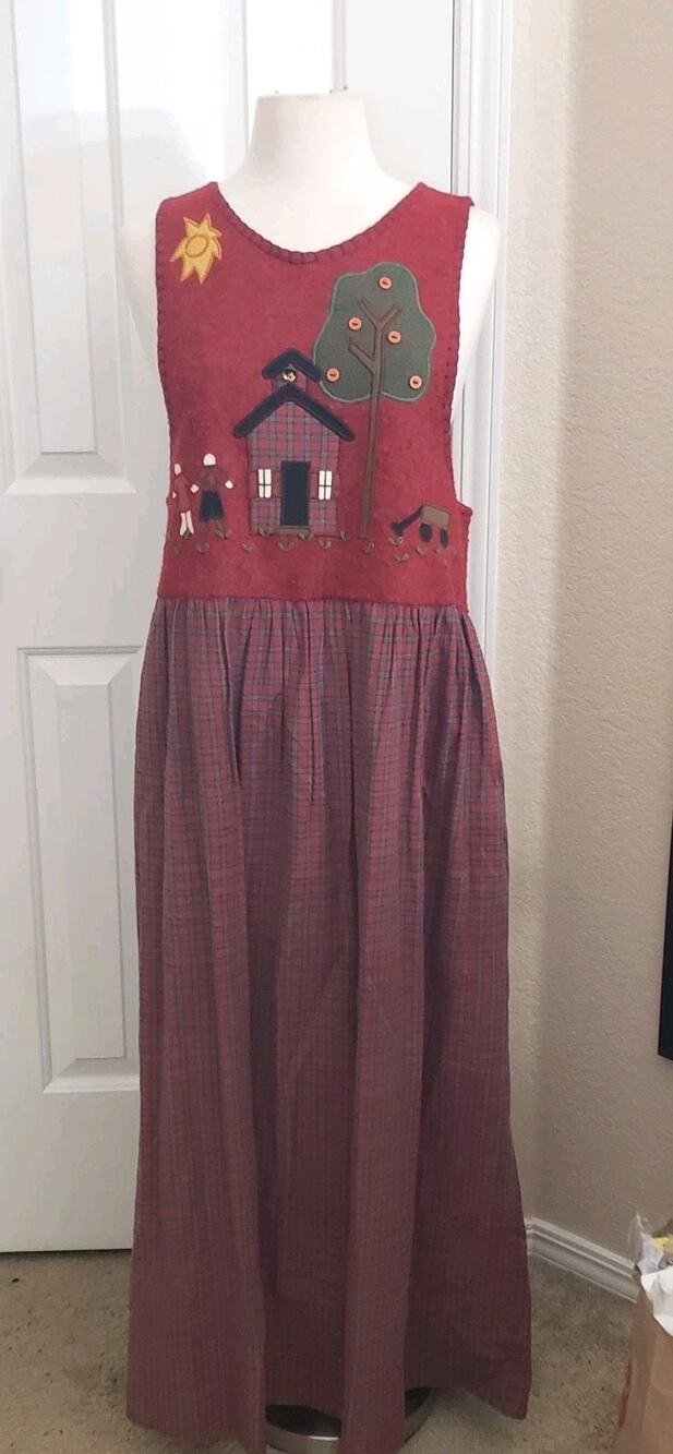 Vintage 90s Maxi Dress Schoolhouse Folk Art M Red Plaid Applique Prairie